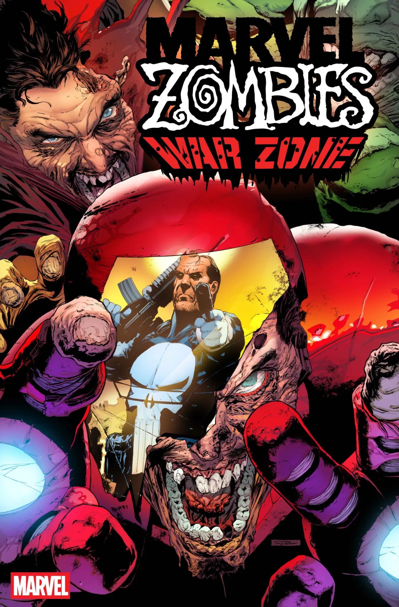 The Punisher fights infected Iron Man and Doctor Strange in Marvel Zombies War Zone cover
