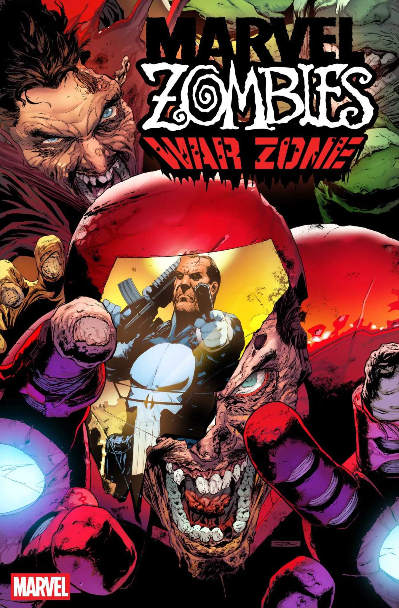 The Punisher fights infected Iron Man and Doctor Strange in Marvel Zombies War Zone cover