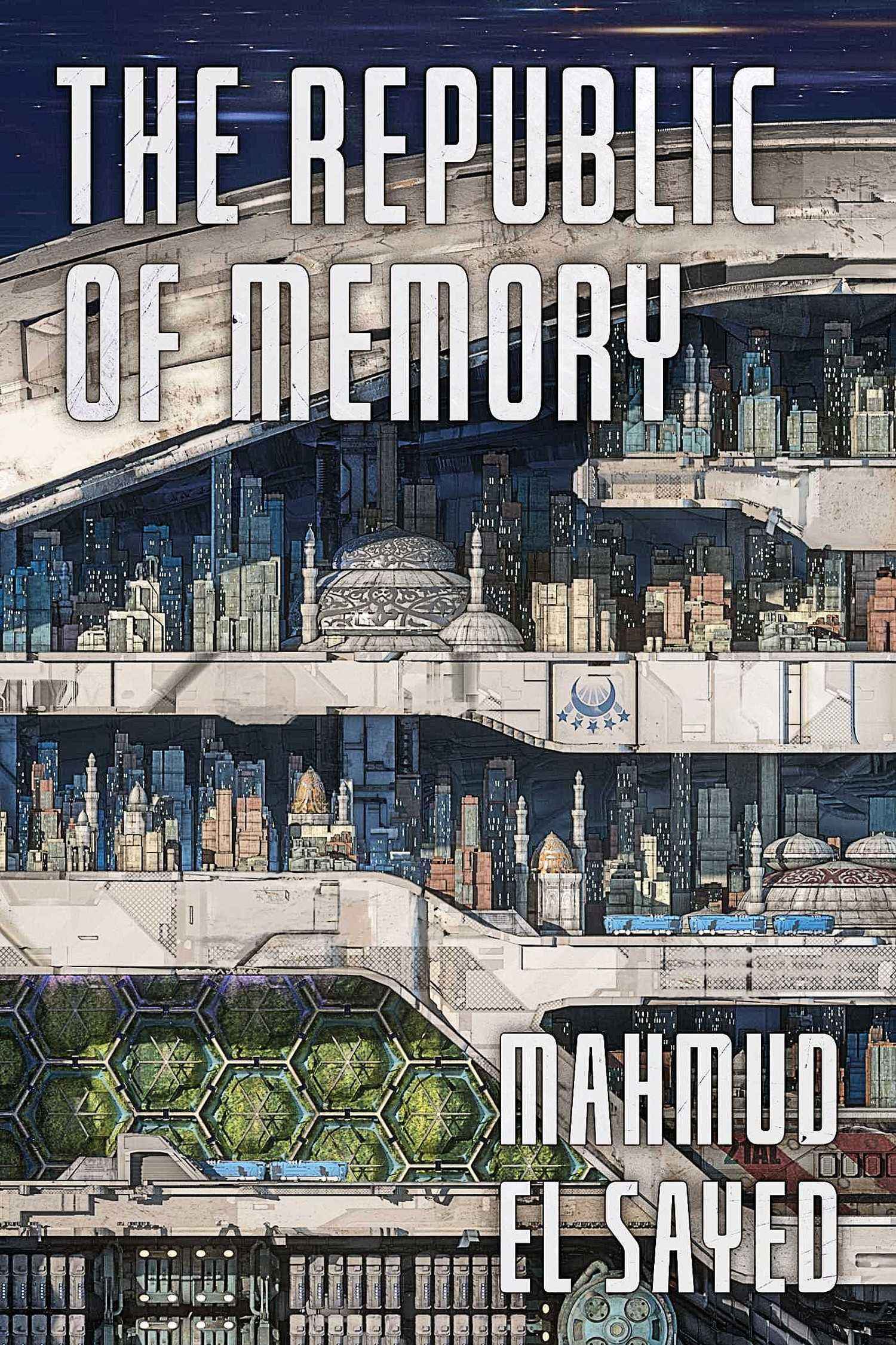 The Republic of Memory book cover, a spaceship with a multi-leveled city