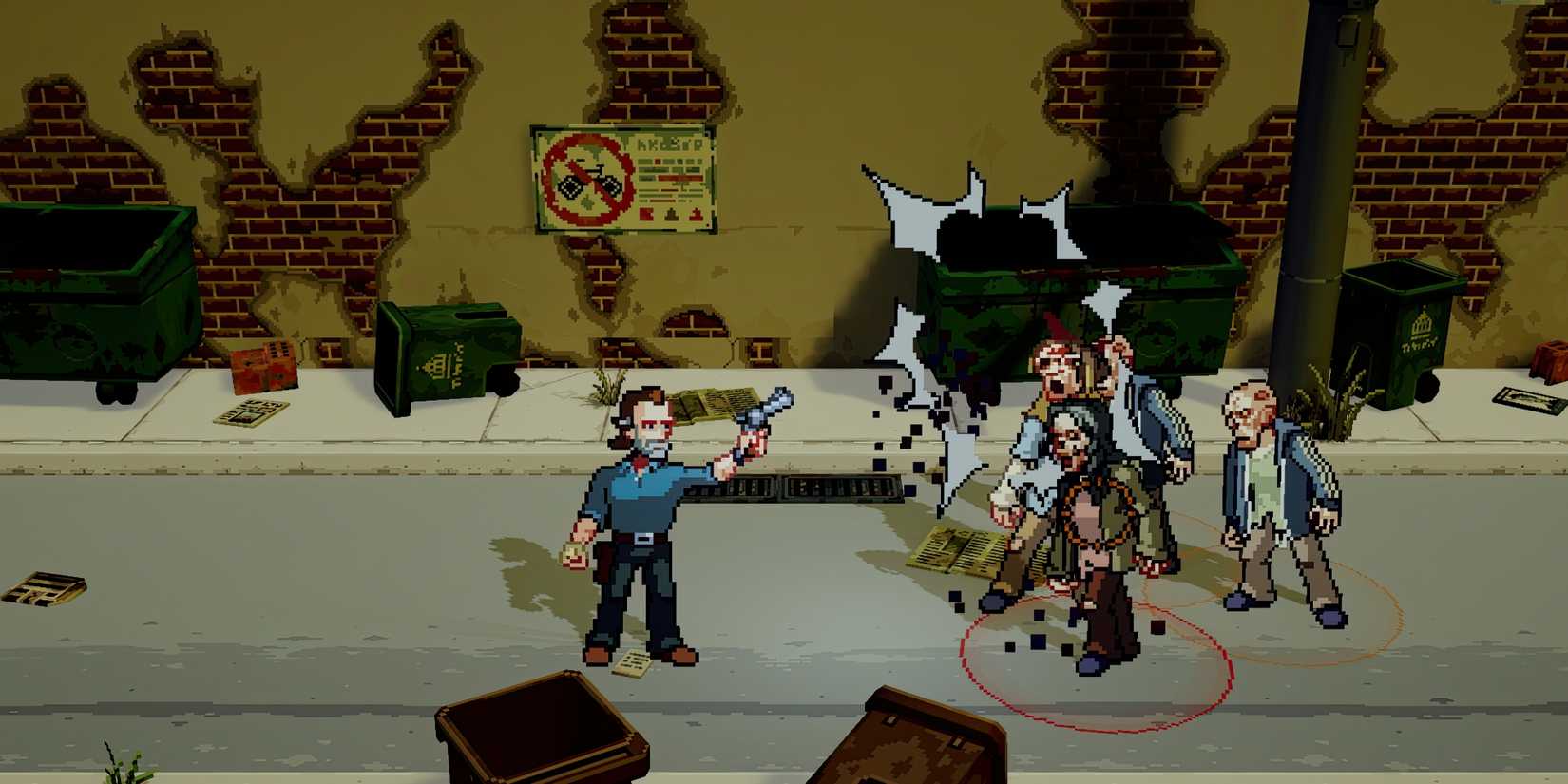 Rick fires his weapon at walkers in The Walking Dead Streets of Survival.