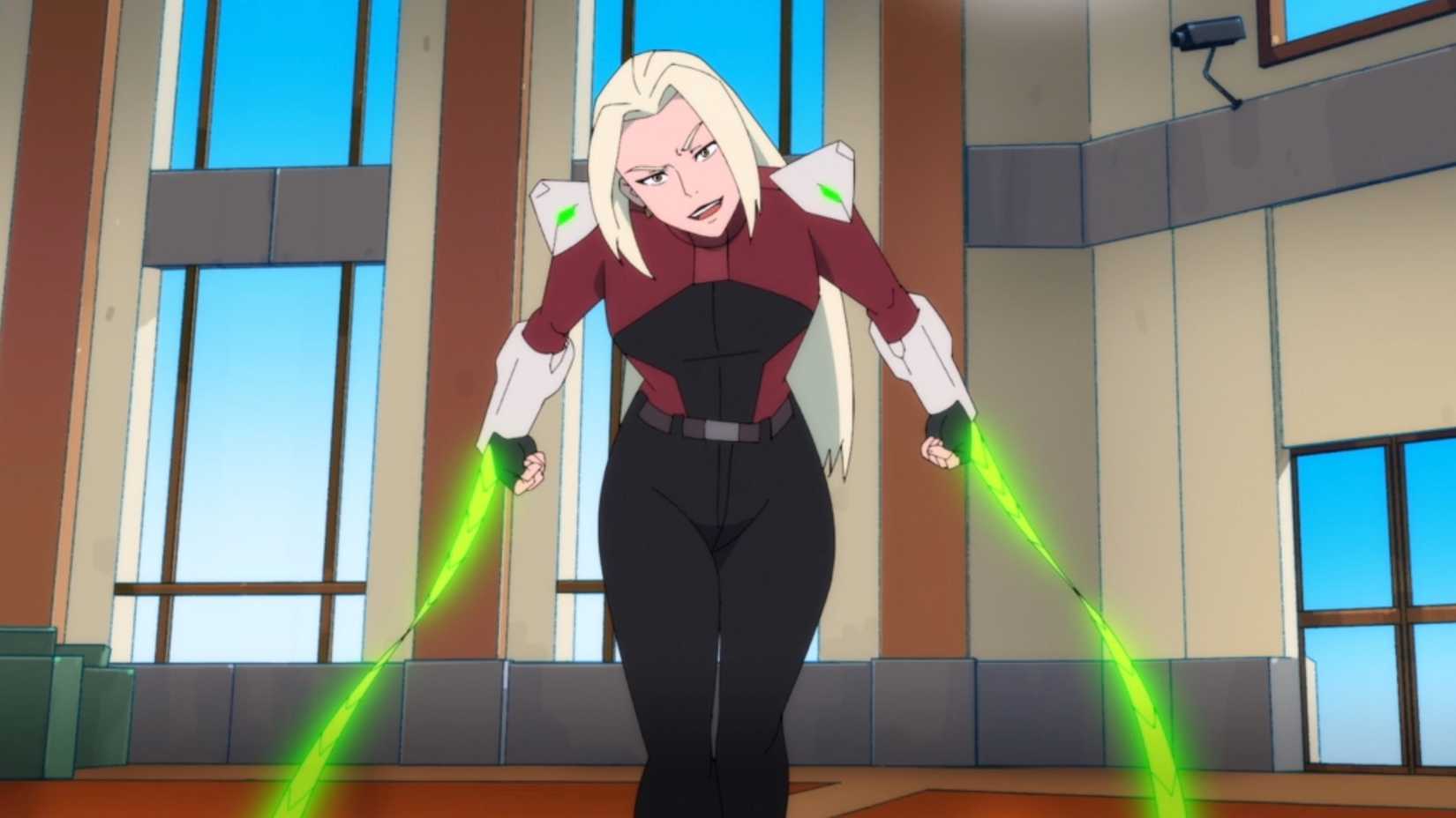 The Whip wielding her kryptonite whips while fighting Superman inside a bank