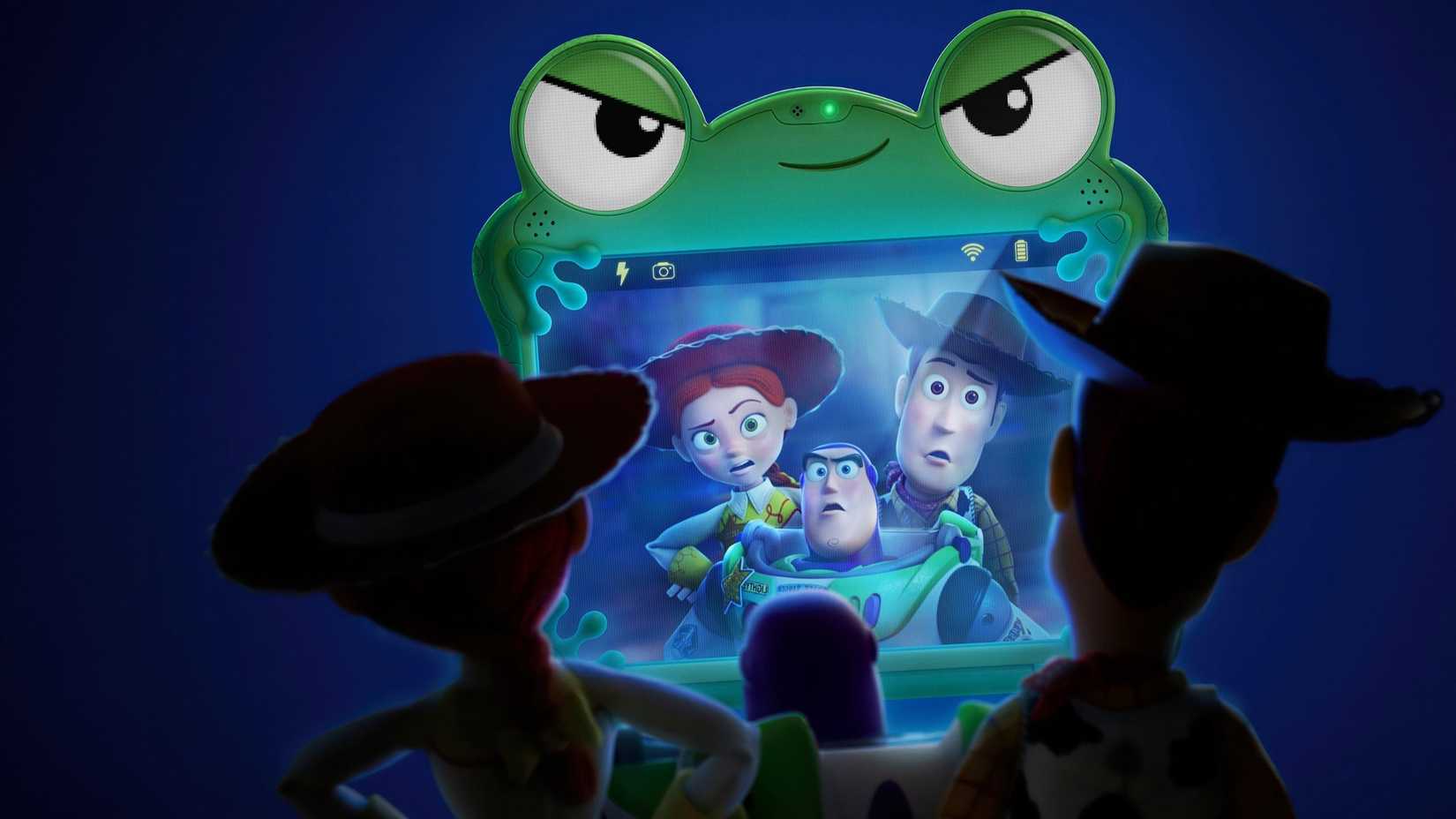 Jessie, Buzz and Woody looking at themselves in Lilypad in Toy Story 5 (2026)