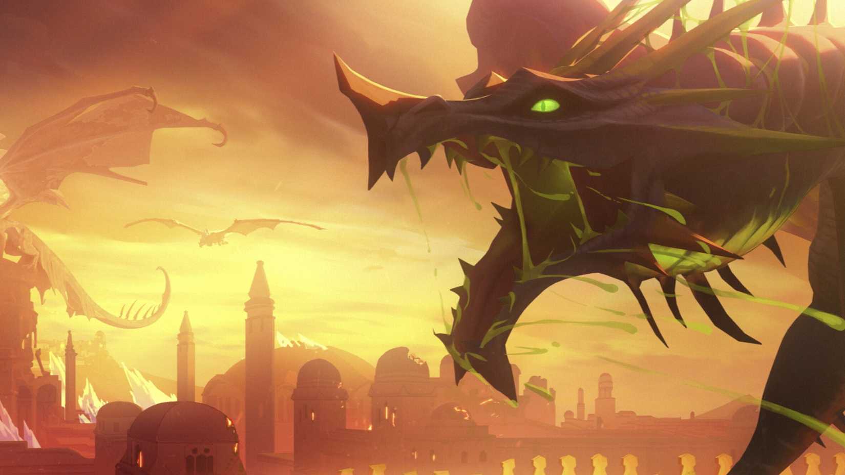 Umbrasyl and other dragons burning a city in The Legend of Vox Machina