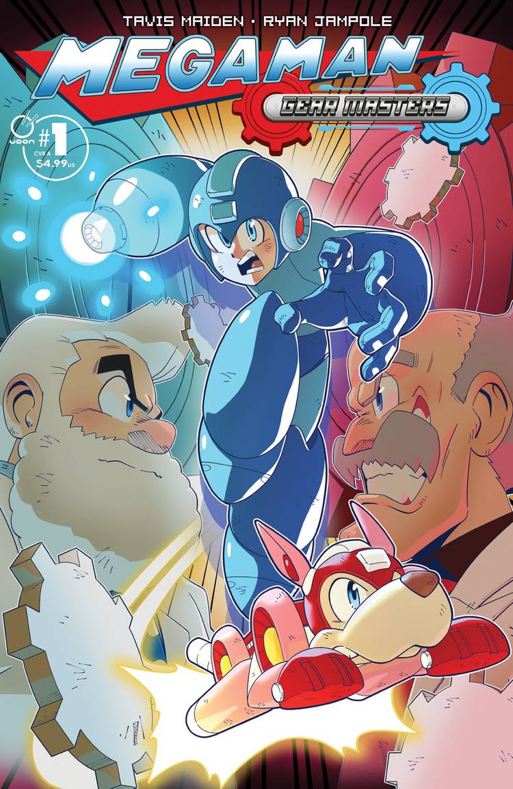 Mega Man charges forward, blast cannon glowing with Jet below him and gears surrounding him.