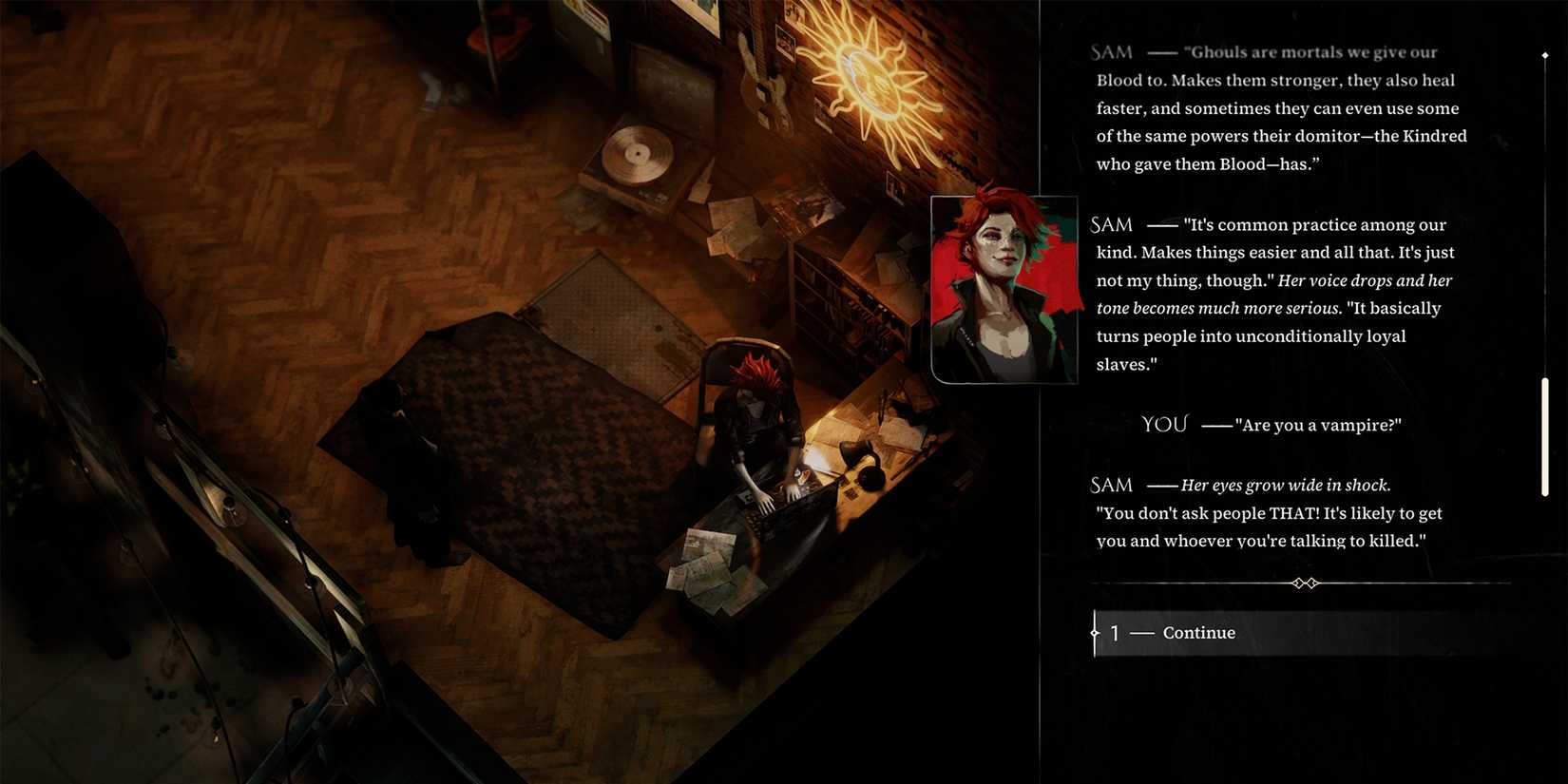 Dialogue with Sam in Vampire The Masquerade Eternal Whispers.