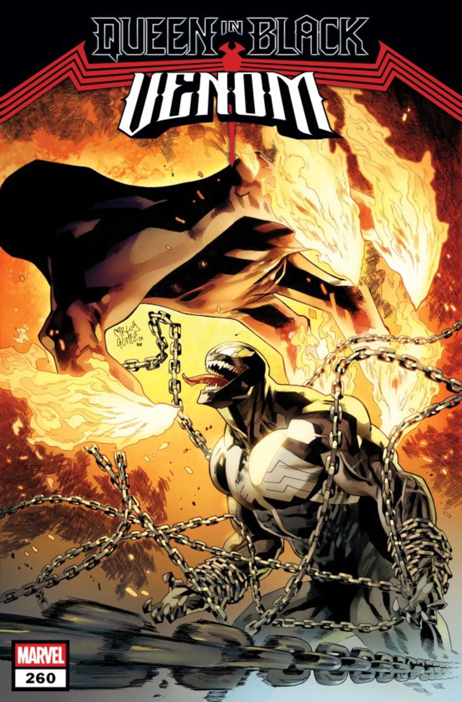 Venom #260, a hand reaching through flames toward Dylan Brock as Venom