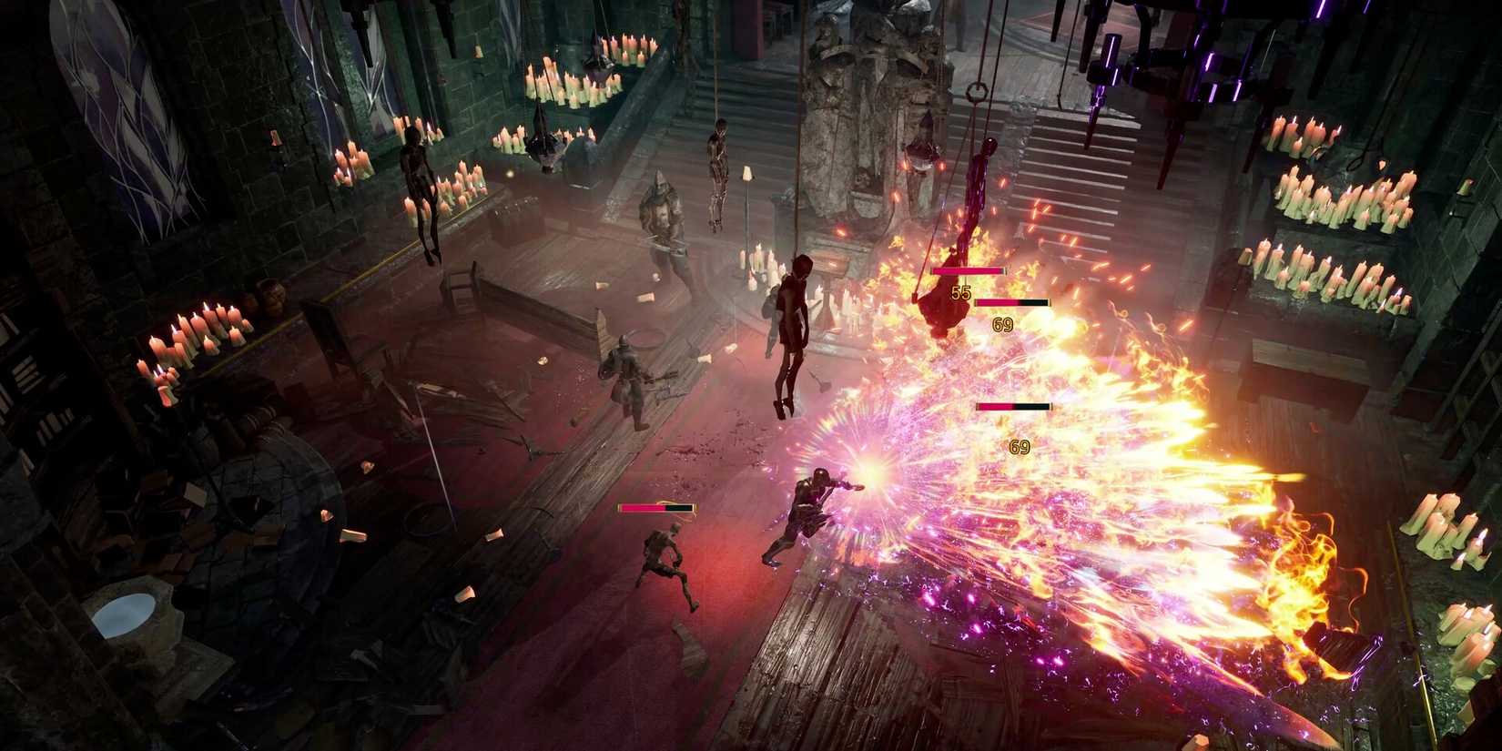 Gameplay in Wardens of Avalon shows a character blasting fire at enemies in a dungeon.