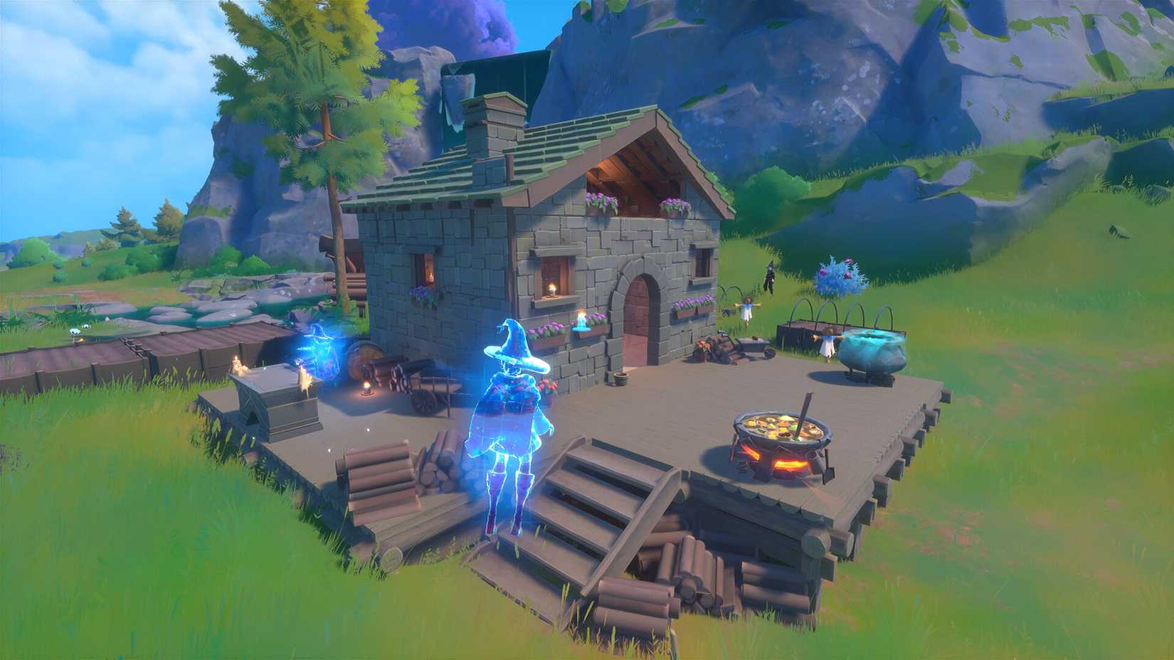 The player hovering near their base in Witchspire.