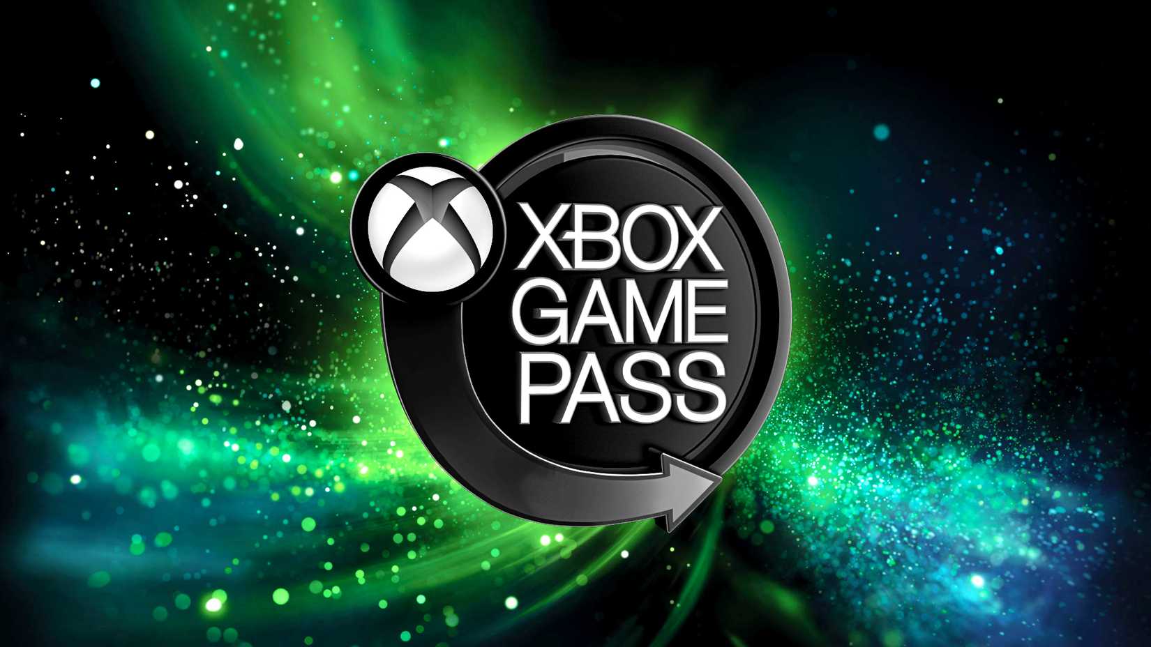 A black and white Xbox Game Pass logo over a blue and green cosmic background.