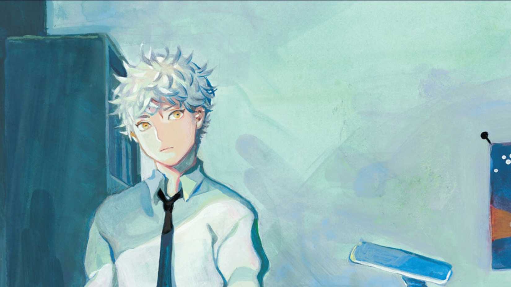 Blue Period's Yatora pensively standing in front of a blue background.