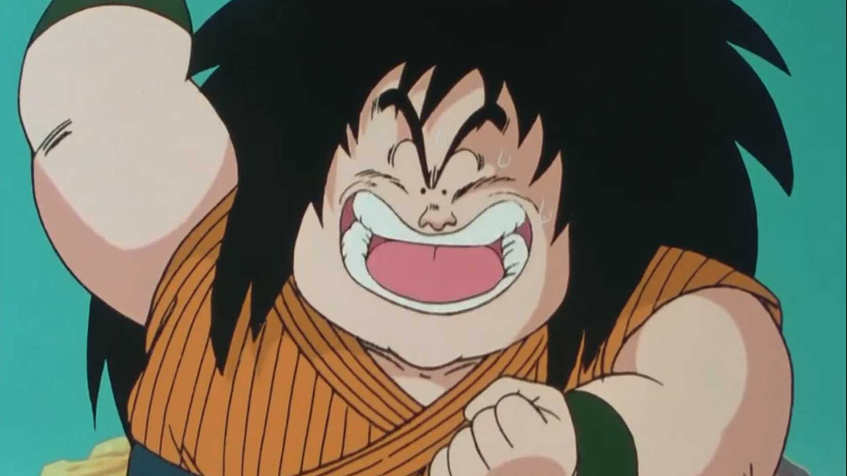 Yajirobe smiling and raising his first in the air in Dragon Ball Z.