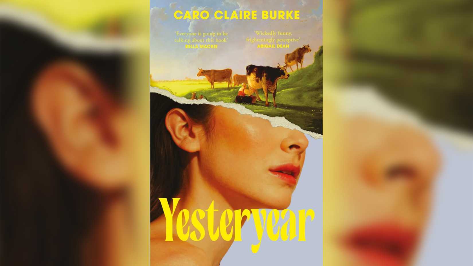 Yesteryear's UK book cover shows the bottom half of a woman's face with cows in a field on the top half