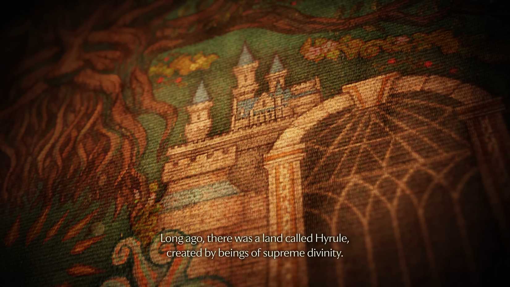 Hyrule Castle on a tapestry from the Ocarina remake trailer. Subtitles read, "Long ago, there was a land called Hyrule, created by beings of supreme divinity."