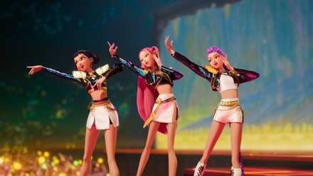 Zoey, Mira, and Rumi performing in KPop Demon Hunters