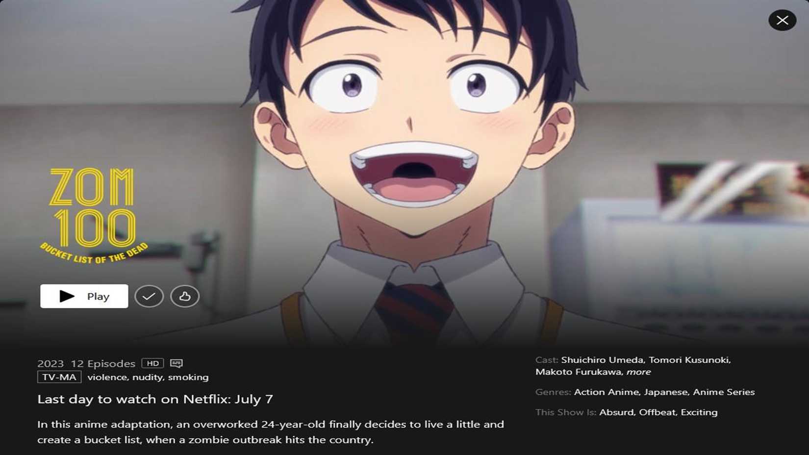 Zom 100 is officially leaving Netflix
