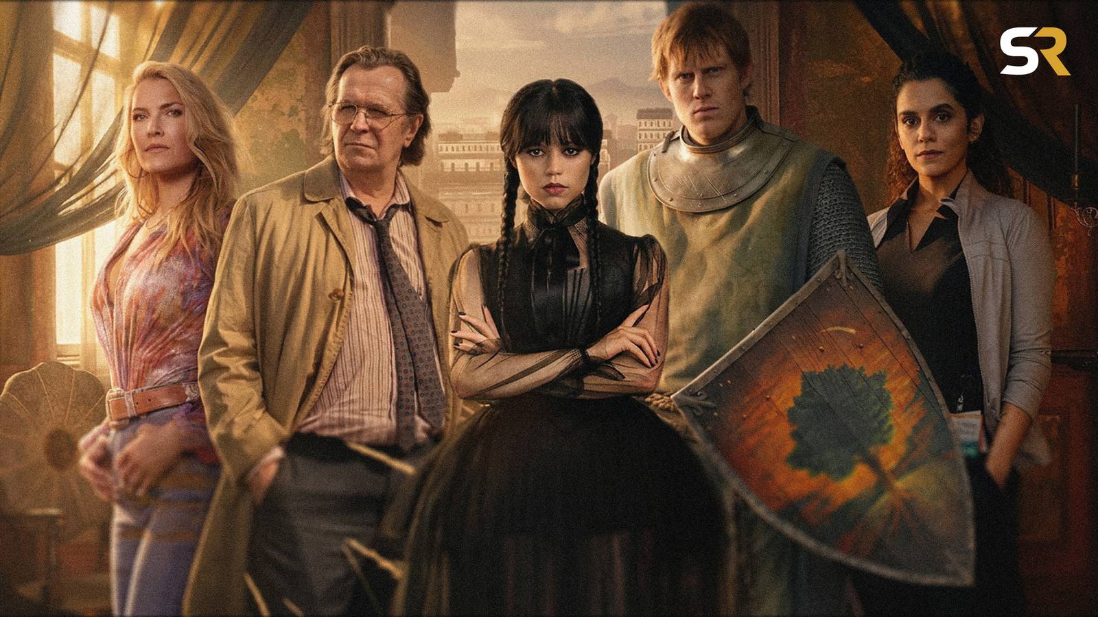 A composite photo with characters from Landman, Wednesday, The Pitt, and other 2026 renewed shows.