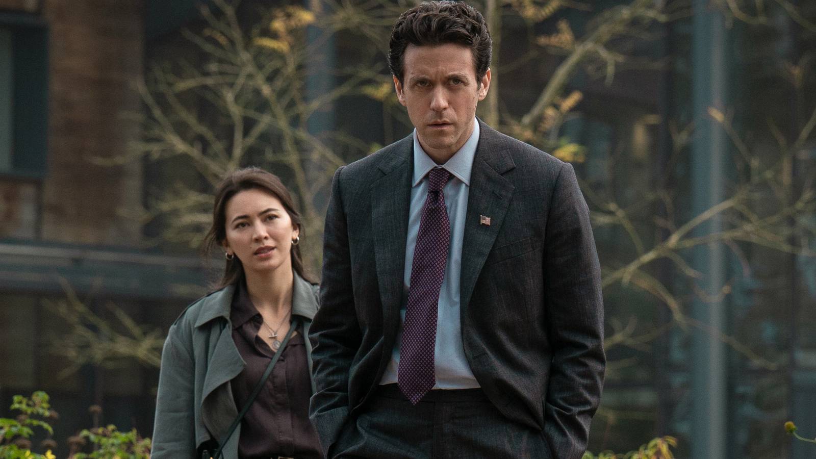 Ashely Zukerman as Daniel and Jessica Henwick as Helen in Silo season 2