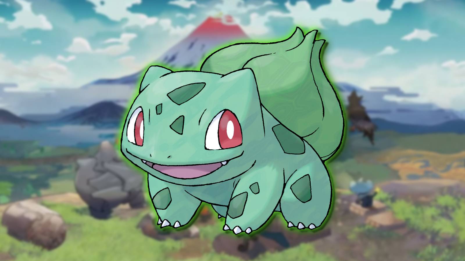 Bulbasaur is superimposed over an image of Mount Coronet in Pokémon Legends: Arceus.