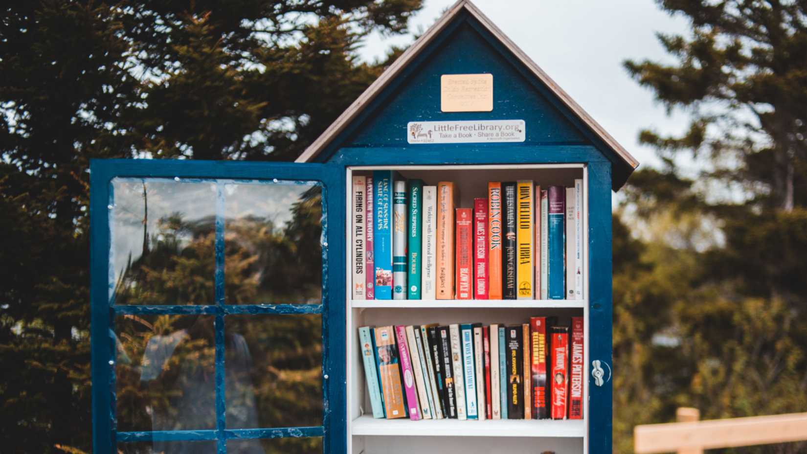 A blue little library with an open door is in front of trees