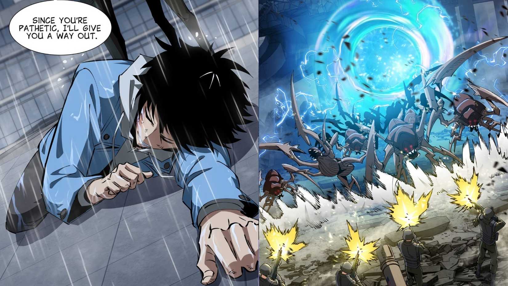 a collage of panels from shadow system featuring li yi and a gate