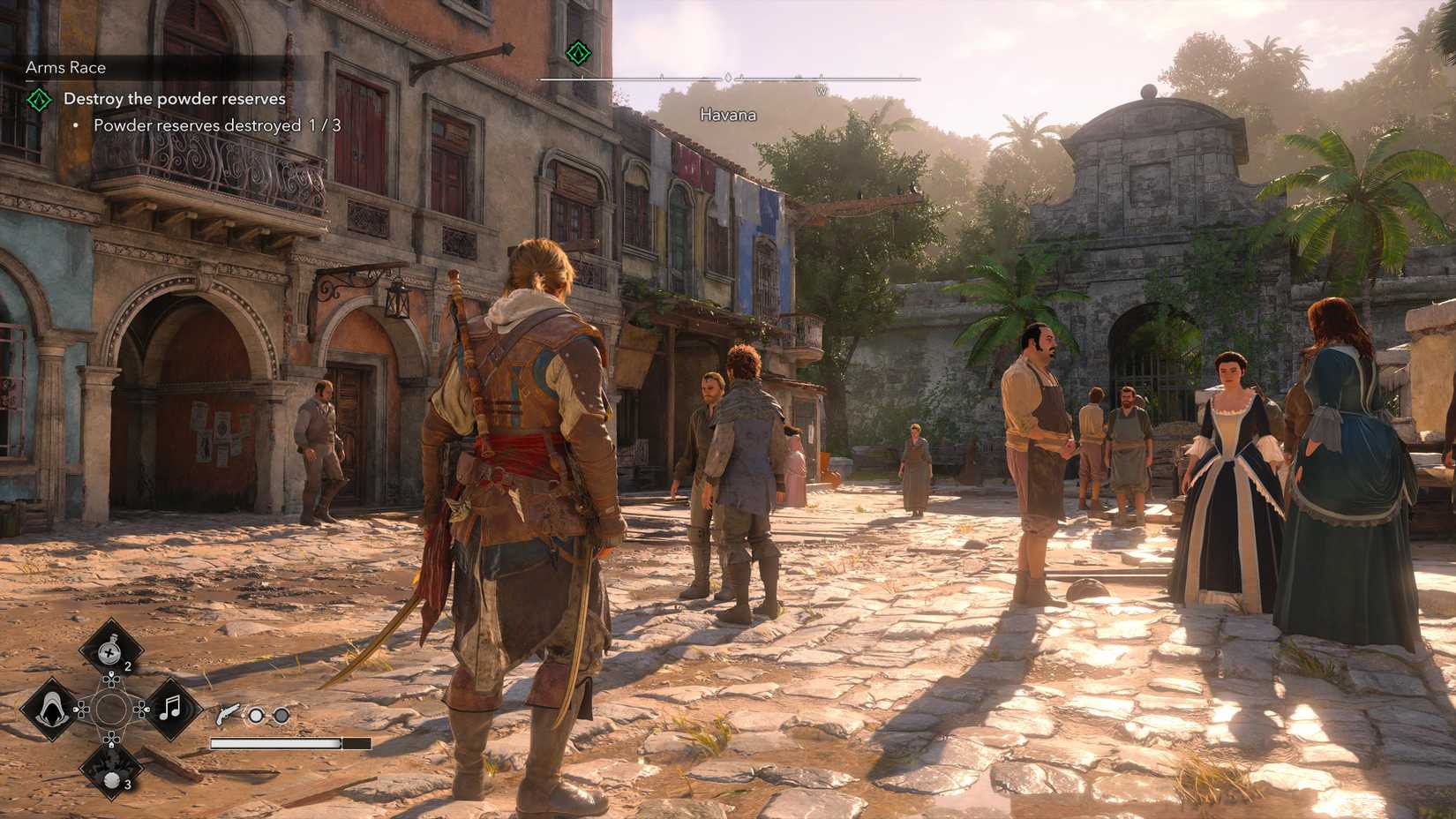 A diverse group of NPCs milling about in a colorful town square in Assassin's Creed Black Flag.