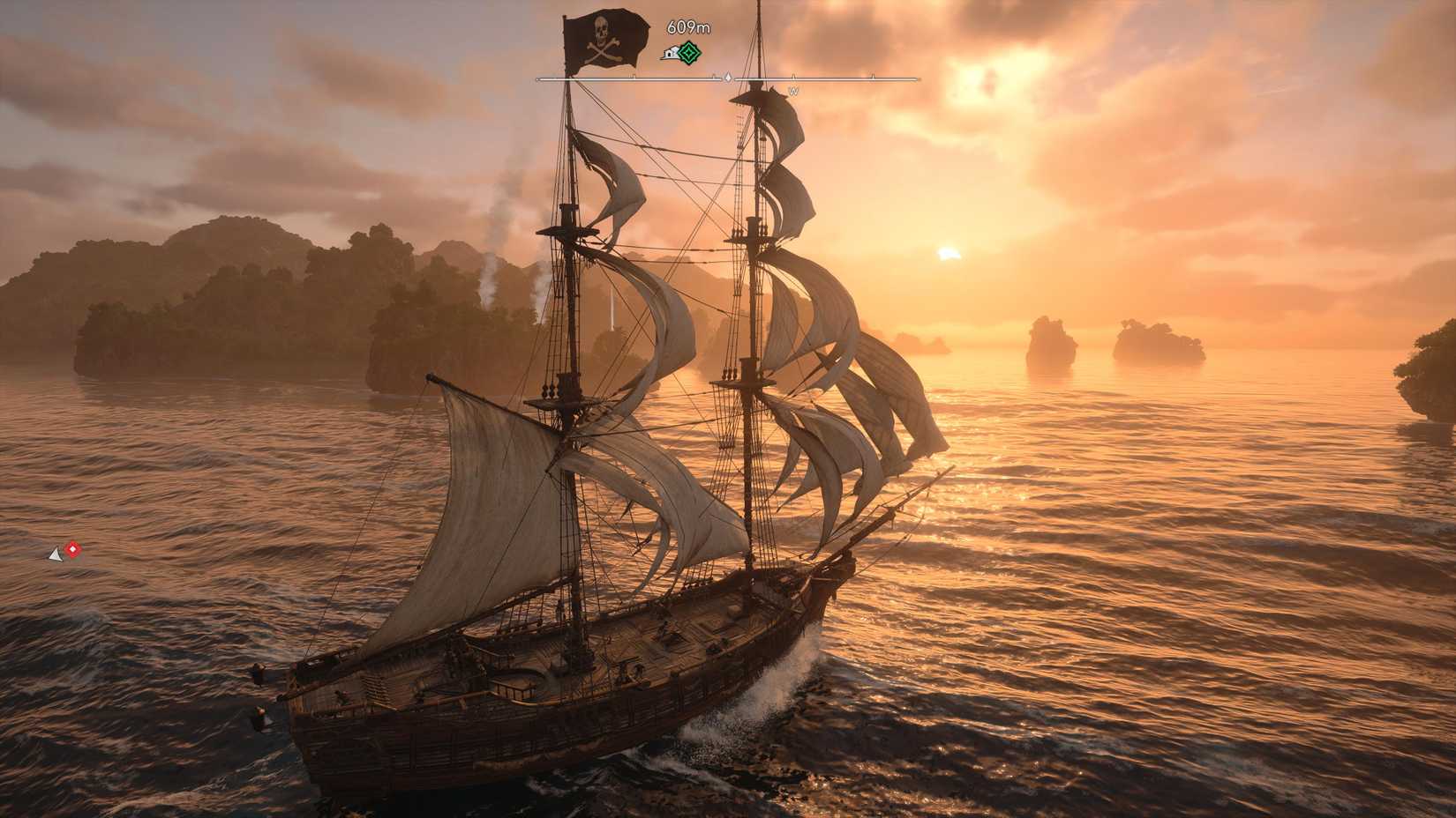 A pirate ship sailing into the sunset in Assassin's Creed Black Flag Remastered.
