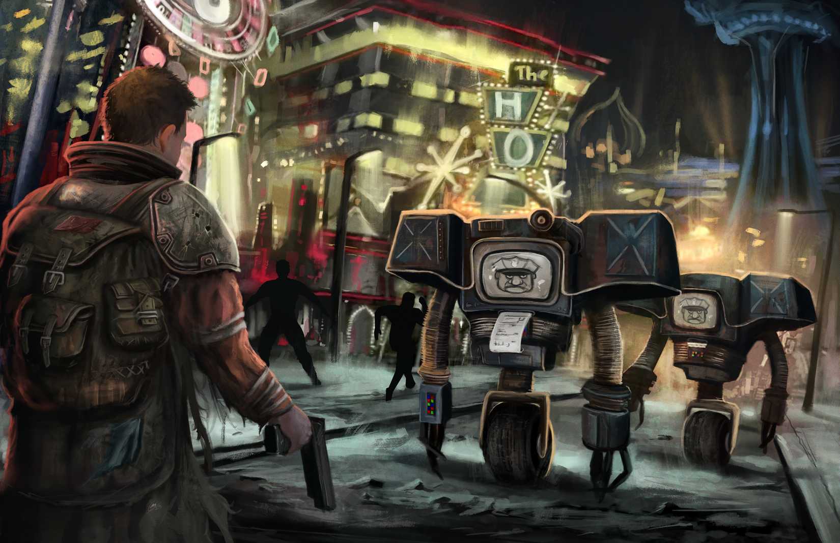 A player confronting a pair of Securitrons on the New Vegas strip in Fallout RPG.