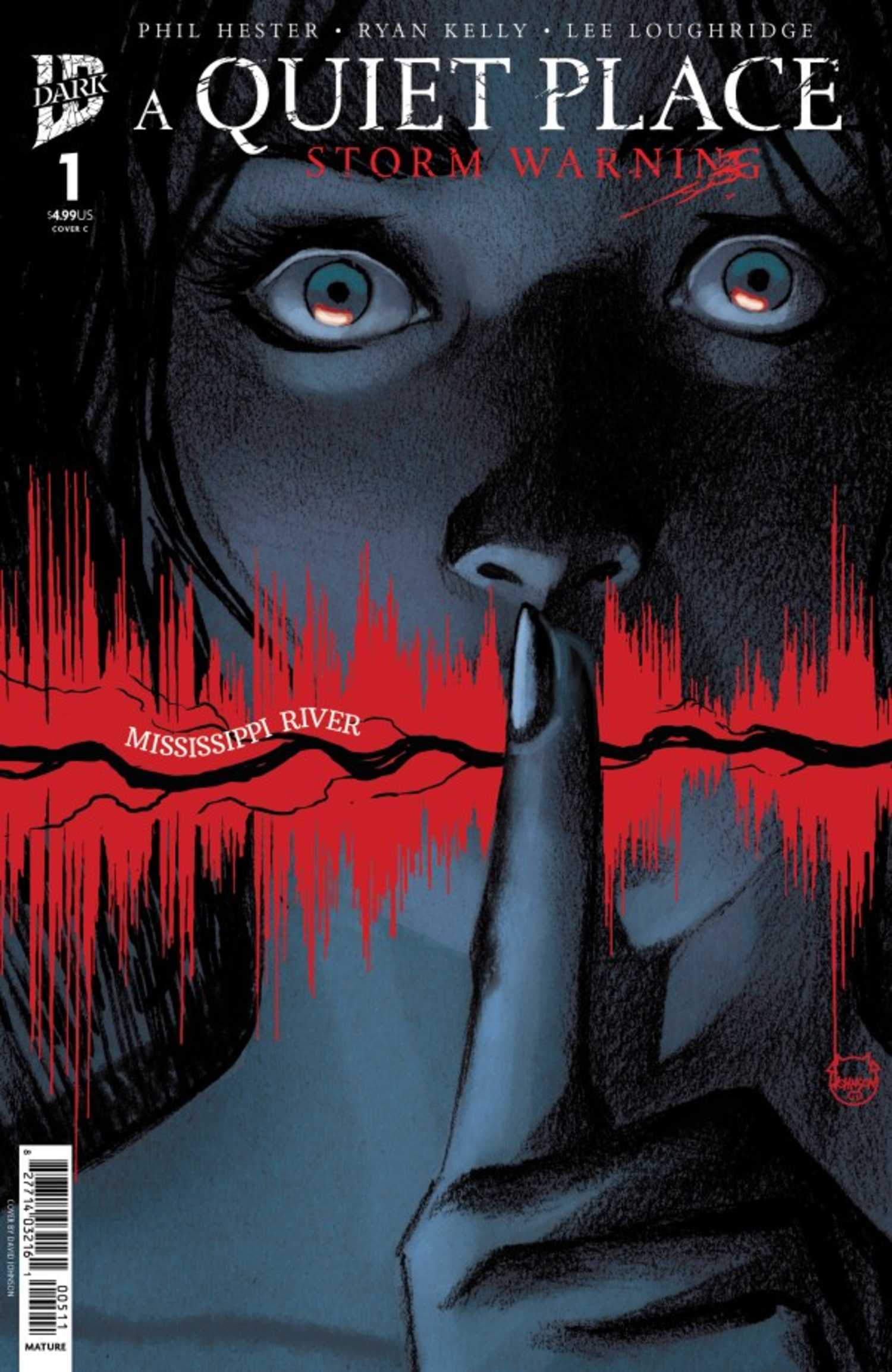 A Quiet Place Storm Warning #1 variant cover, a sound wave and a girl holding a finger to her lips