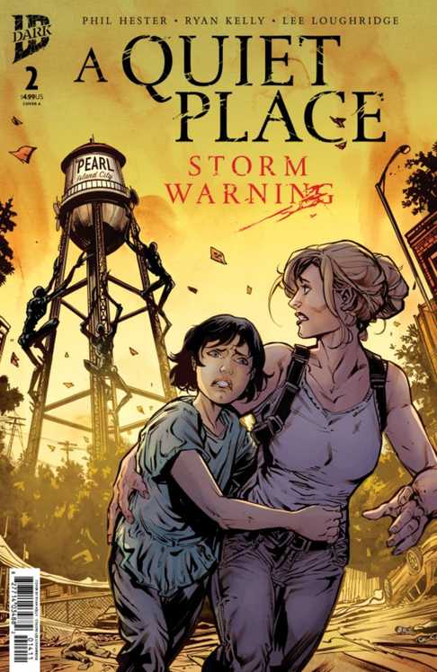A Quiet Place Storm Warning #2 cover, characters escaping the town of Pearl