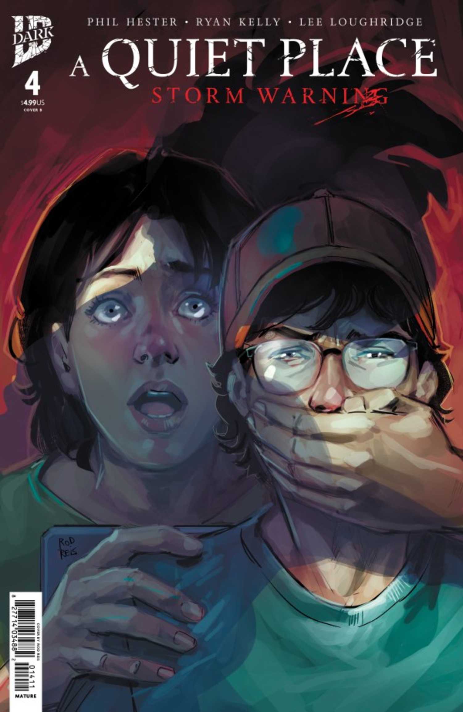 A Quiet Place Storm Warning #4 cover, one character covering another's mouth