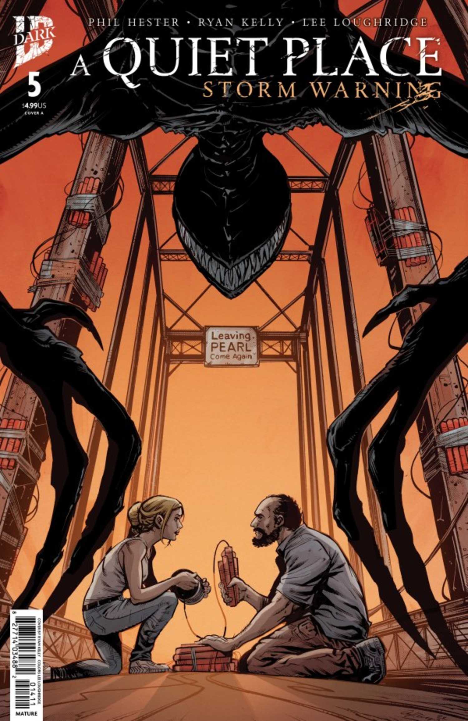 A Quiet Place Storm Warning #5, an alien confronts characters as they prepare to blow up a bridge