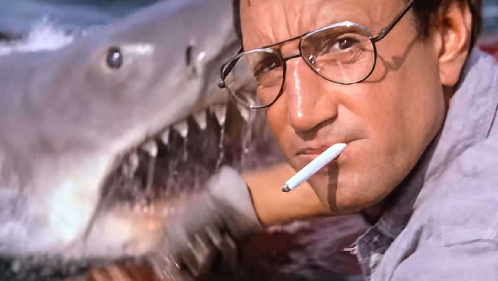 A shark emerges to attack Roy Scheider in Jaws 1975