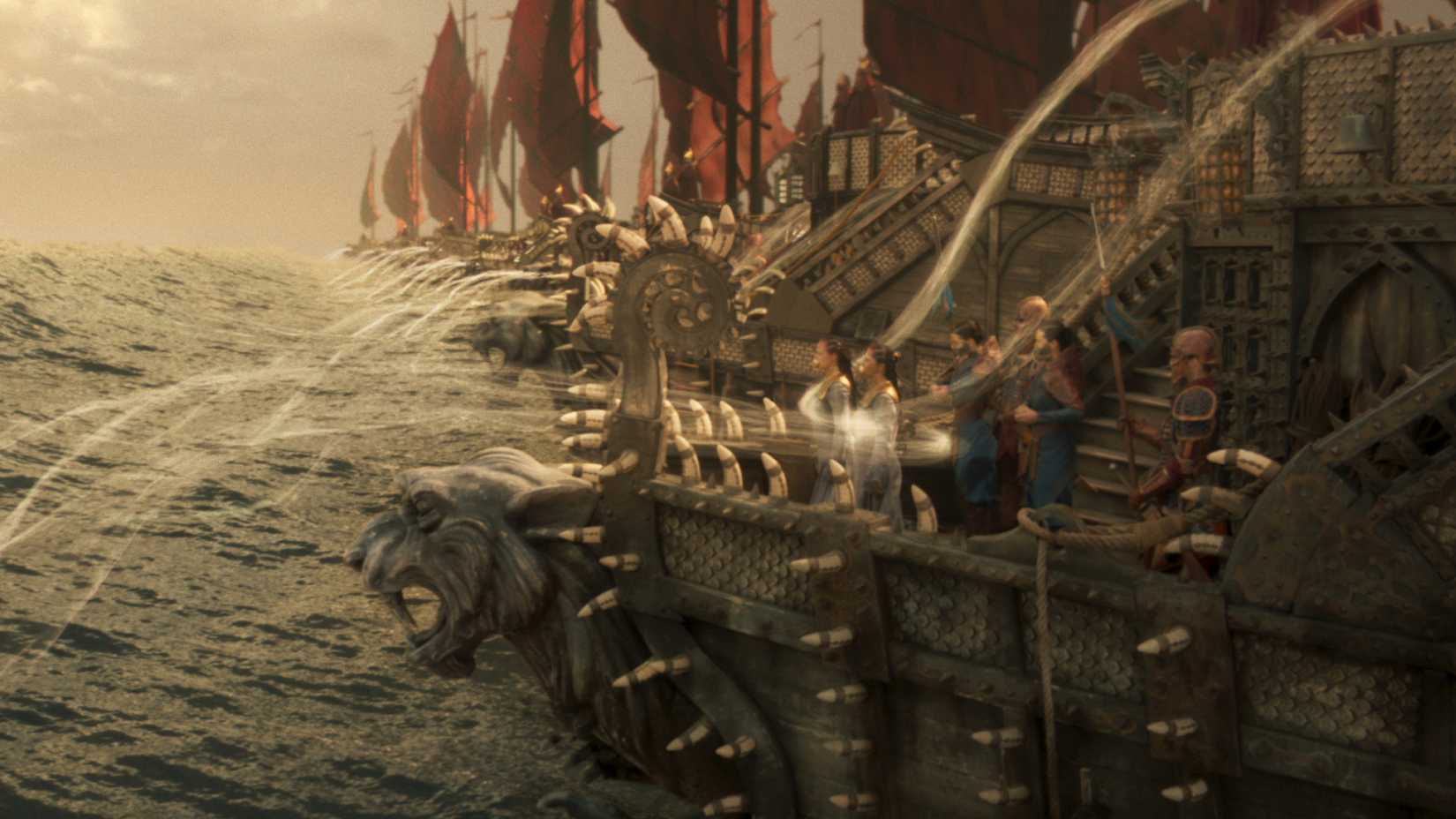 A fleet of ships sailing on the ocean in The Wheel of Time