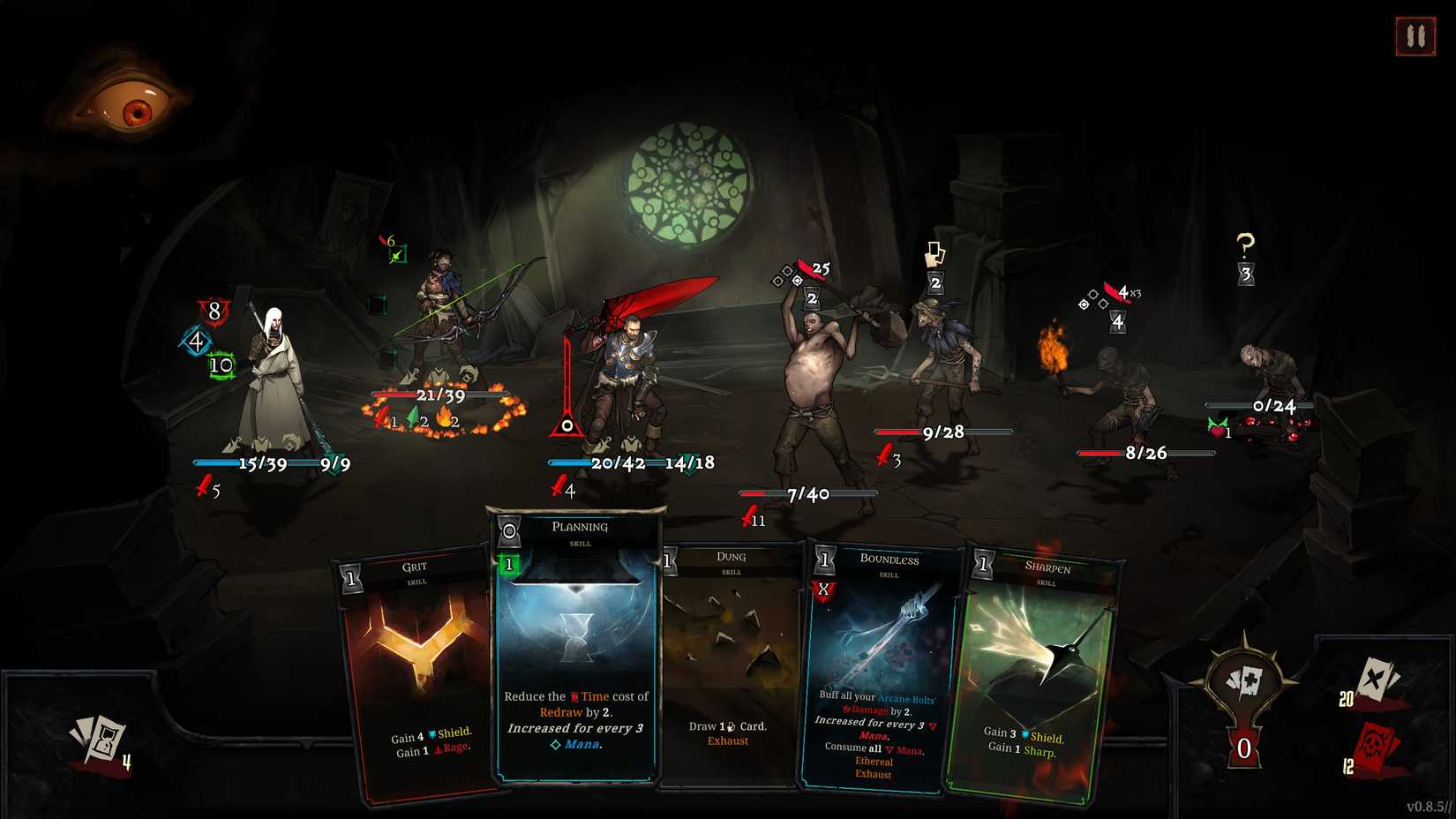 A view of combat with a full hand of cards in Shards of Order