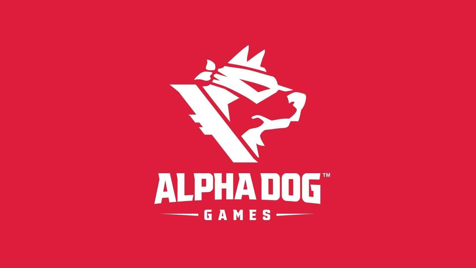 White Alpha Dog Games logo, a dog wearing a bandana over its eyes, on a red background.