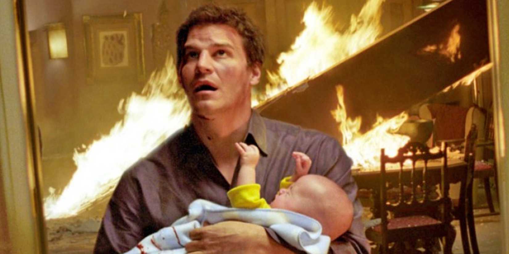 Angel rescuing a baby from a burning building in Angel