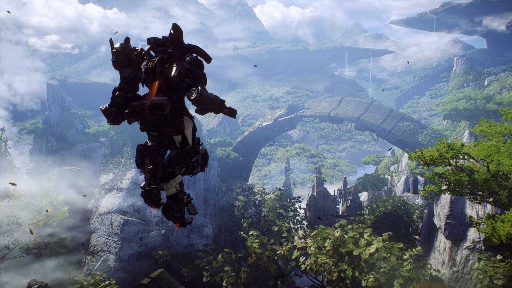 The player hovering above the open-world in Anthem.