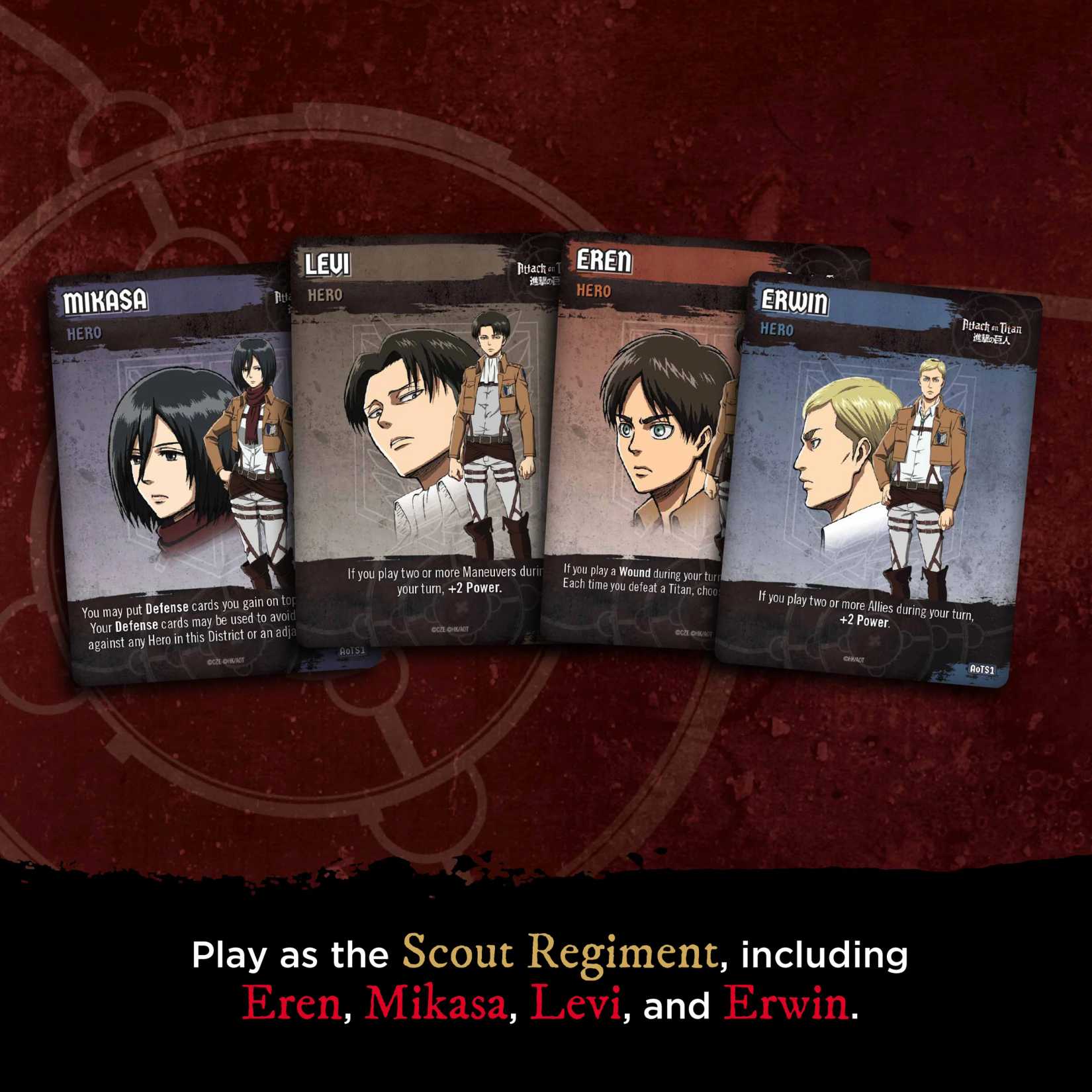 Image shows character cards from Attack on Titan Deck Builder Board Game