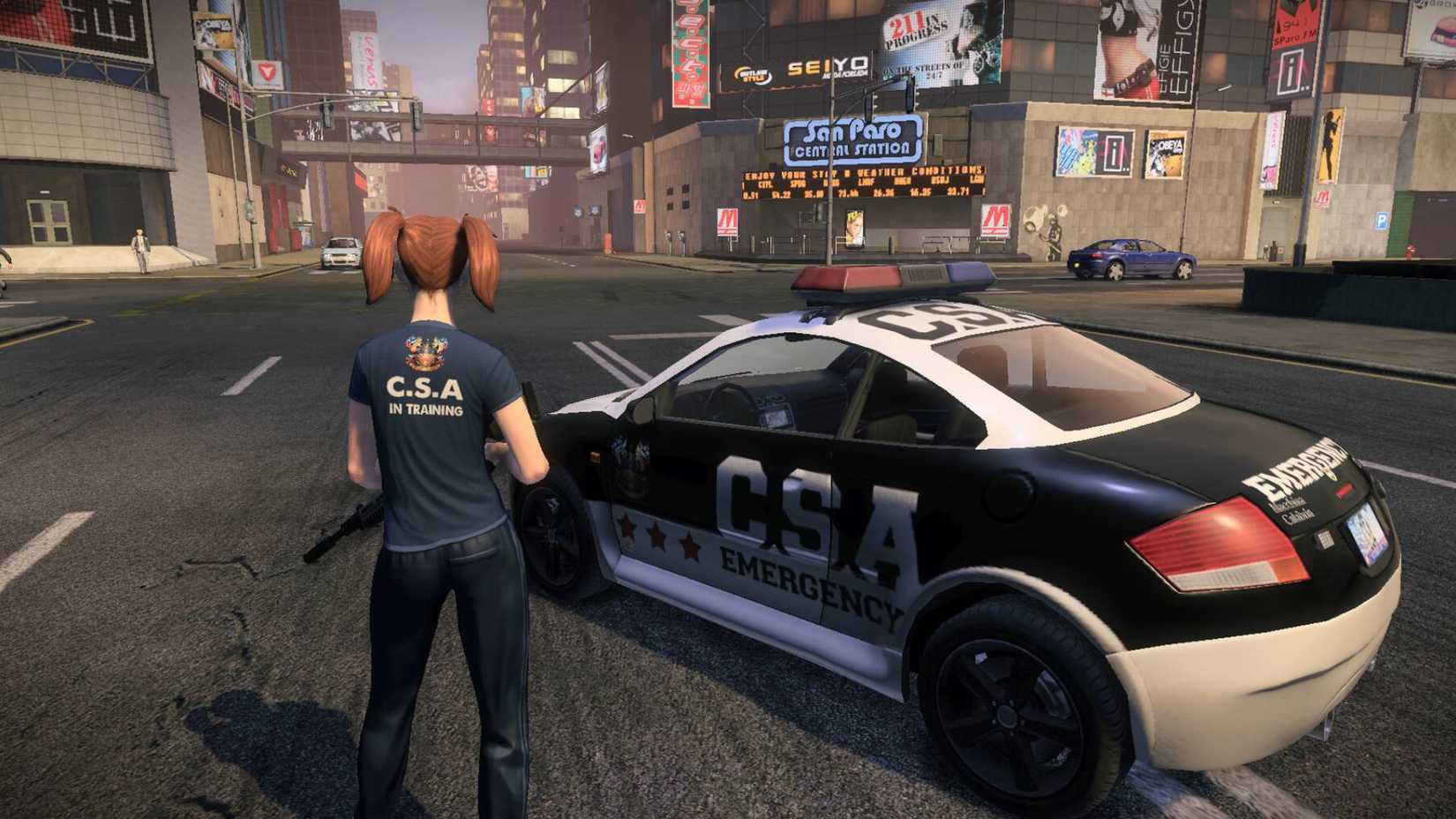 The player stood by a police car holding a gun in APB Reloaded