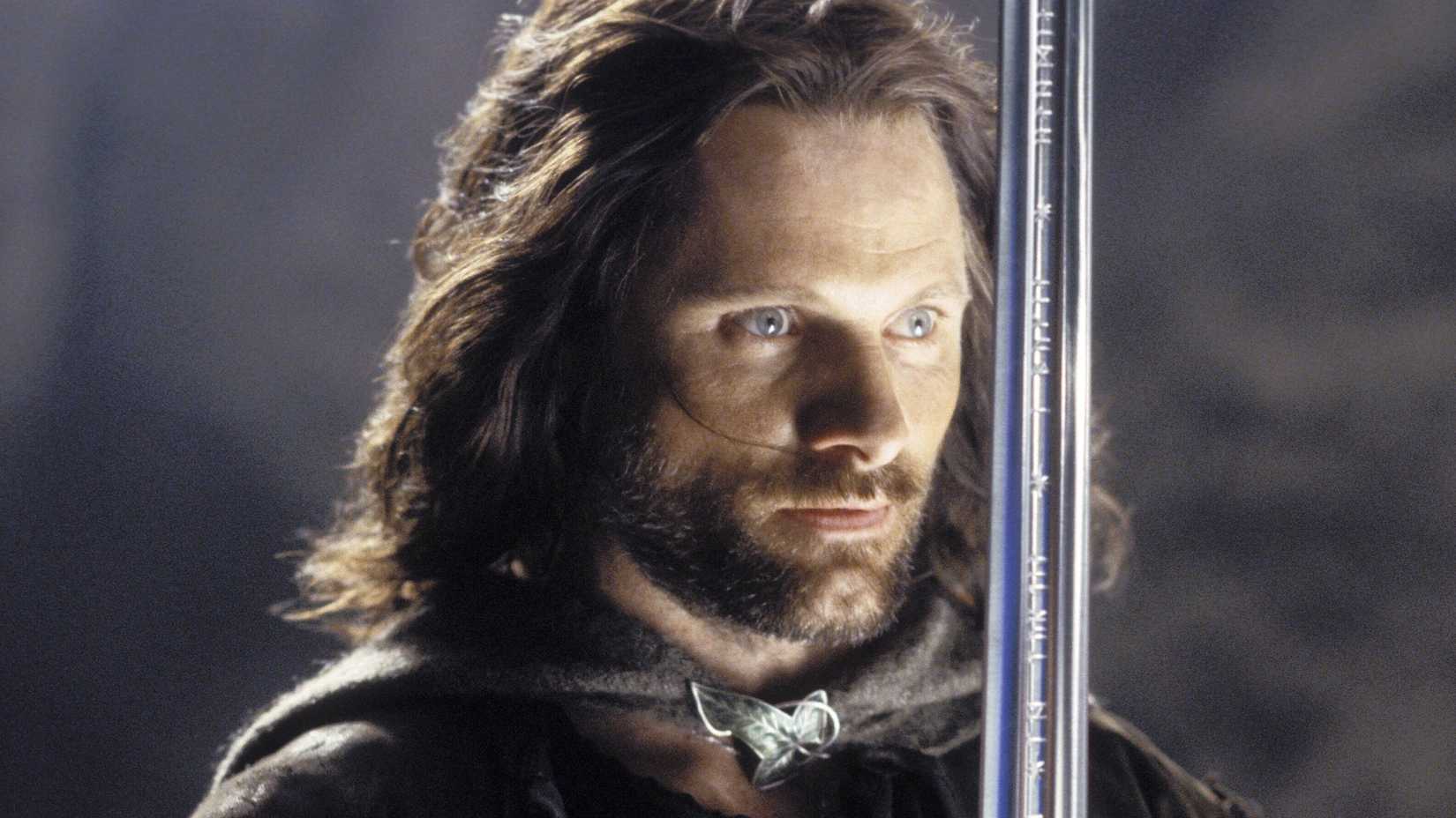Aragorn (Viggo Mortensen) wielding Anduril in The Lord of the Rings