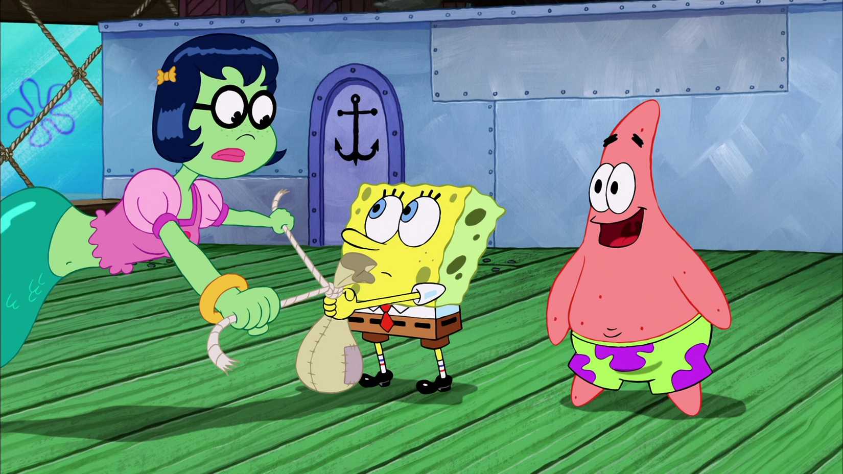 Mindy the mermaid gives SpongeBob and Patrick a bag of wind in The SpongeBob SquarePants Movie (2004).