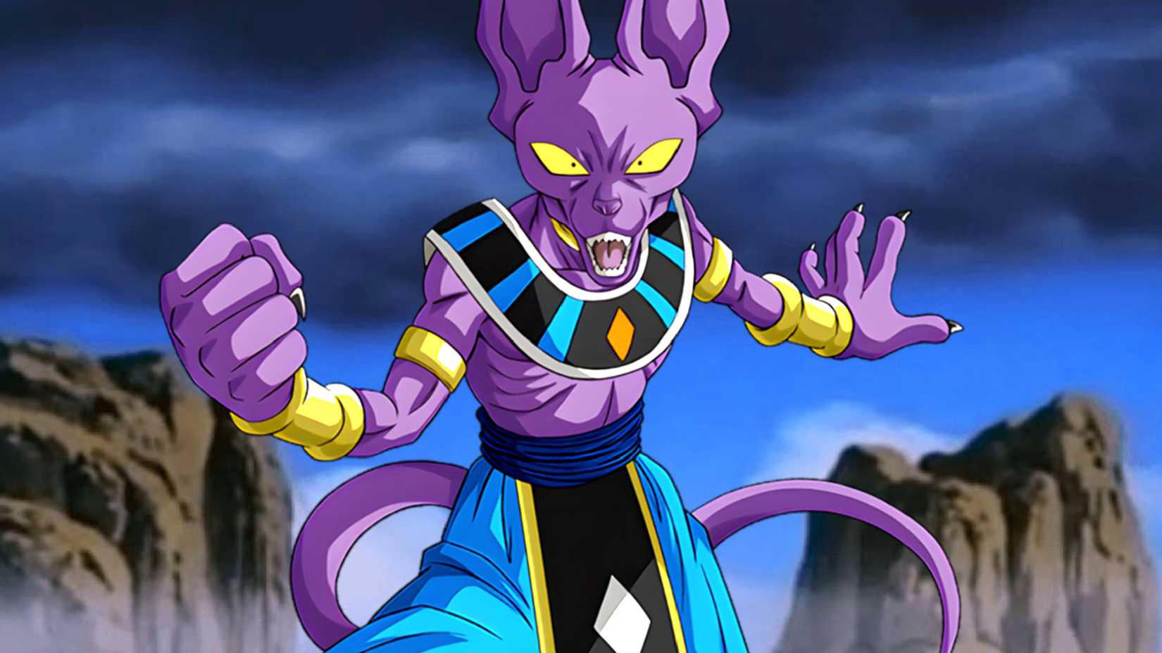 Beerus screams on an overcast background in Dragon Ball Super art