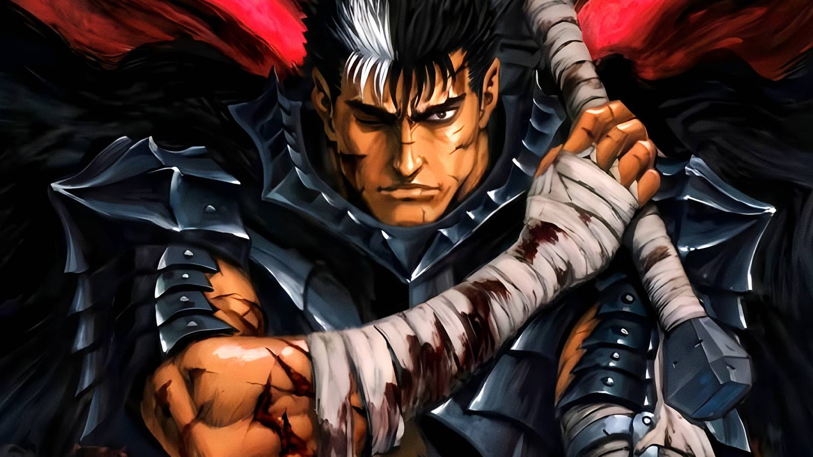 Berserk's Guts poses with a large sword in fantasy anime art