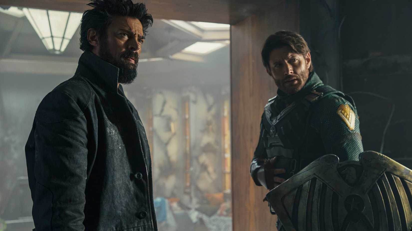 Billy Butcher (Karl Urban) and Soldier Boy (Jensen Ackles) looking at something in The Boys season 3