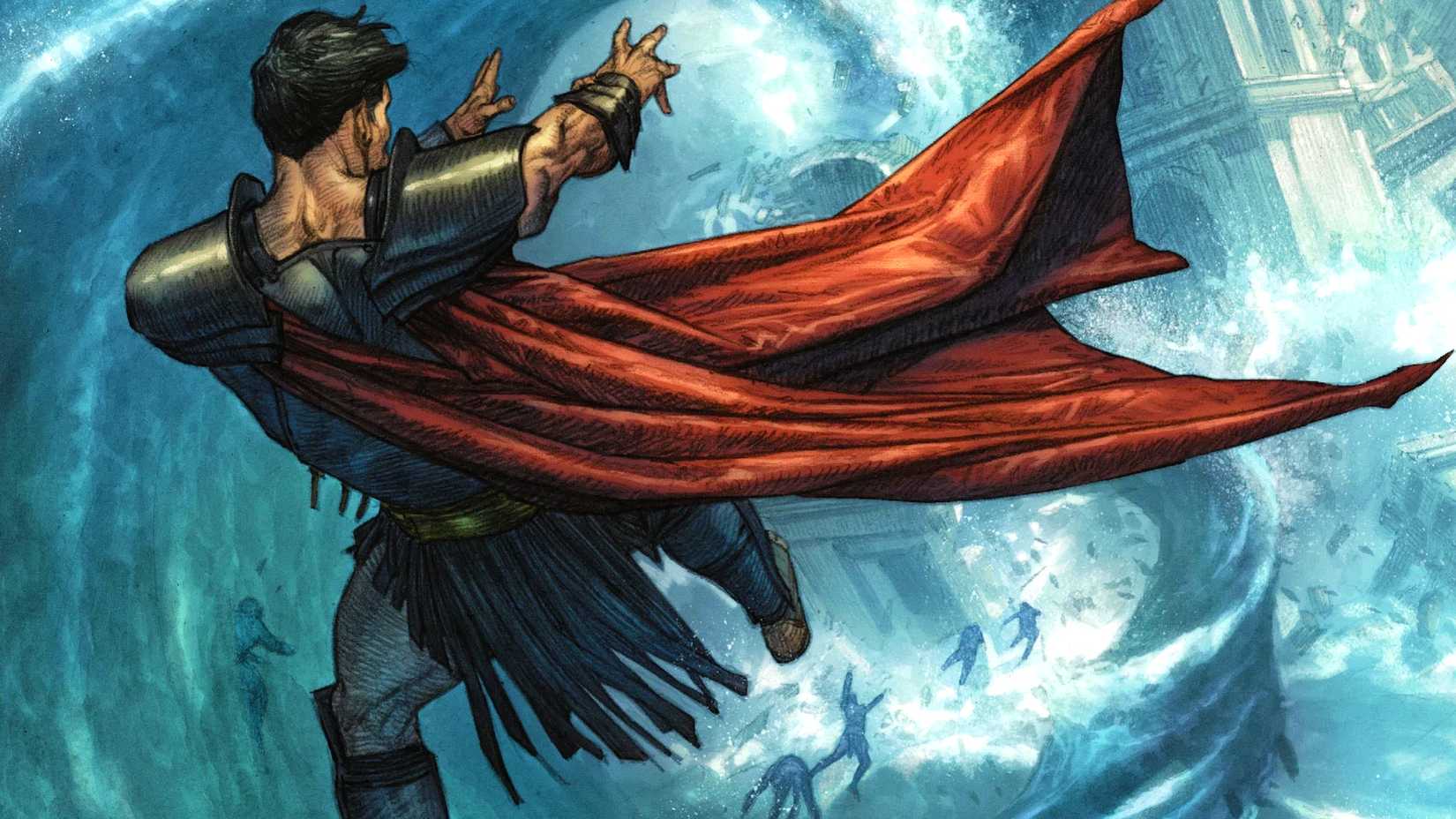 Black Manta destroys a city with hydrokinesis in Dark Knights of Steel II Hair to the Sea