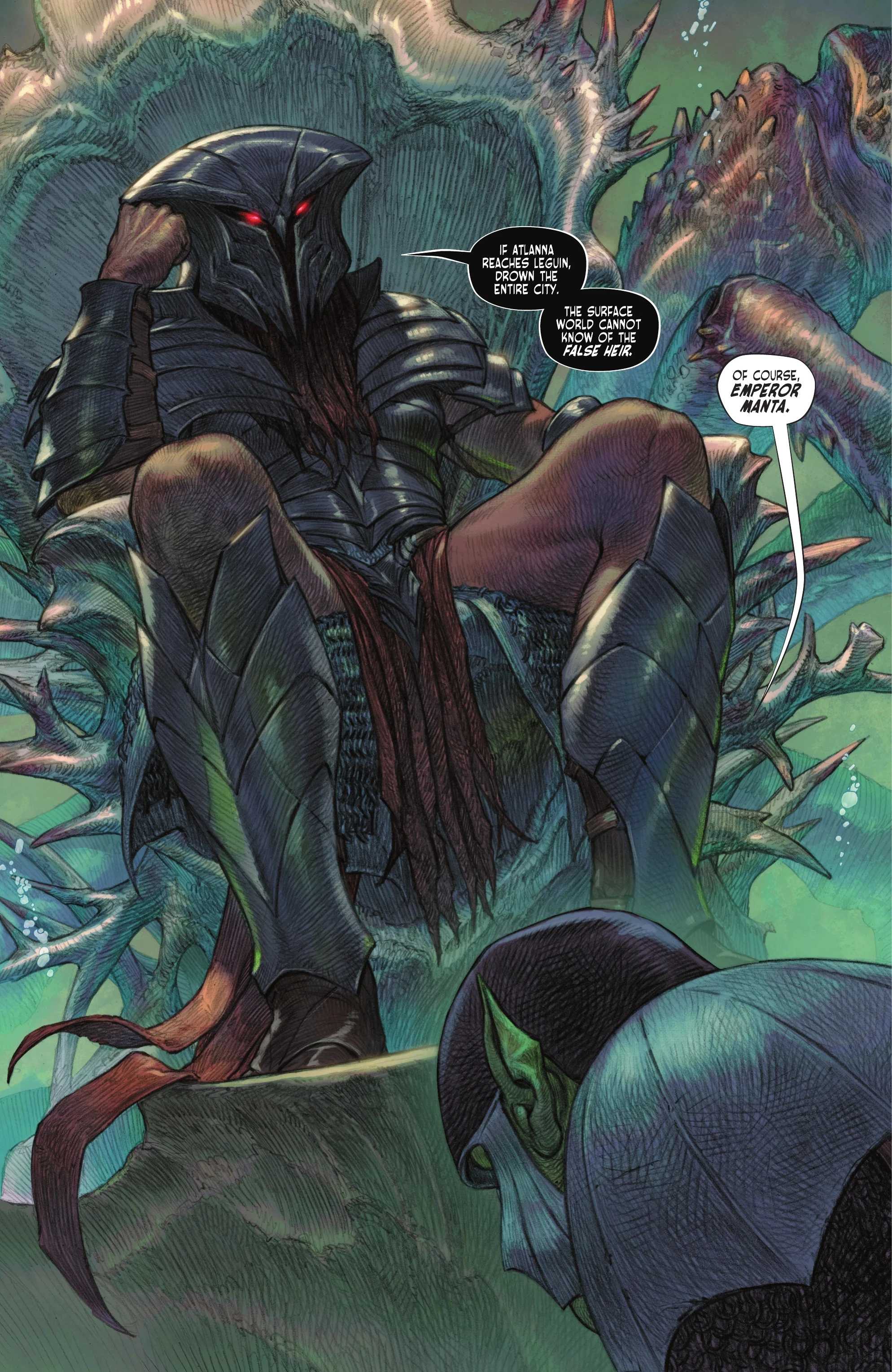 Black Manta sits on his throne in Dark Knights of Steel II Special Heir to the Sea
