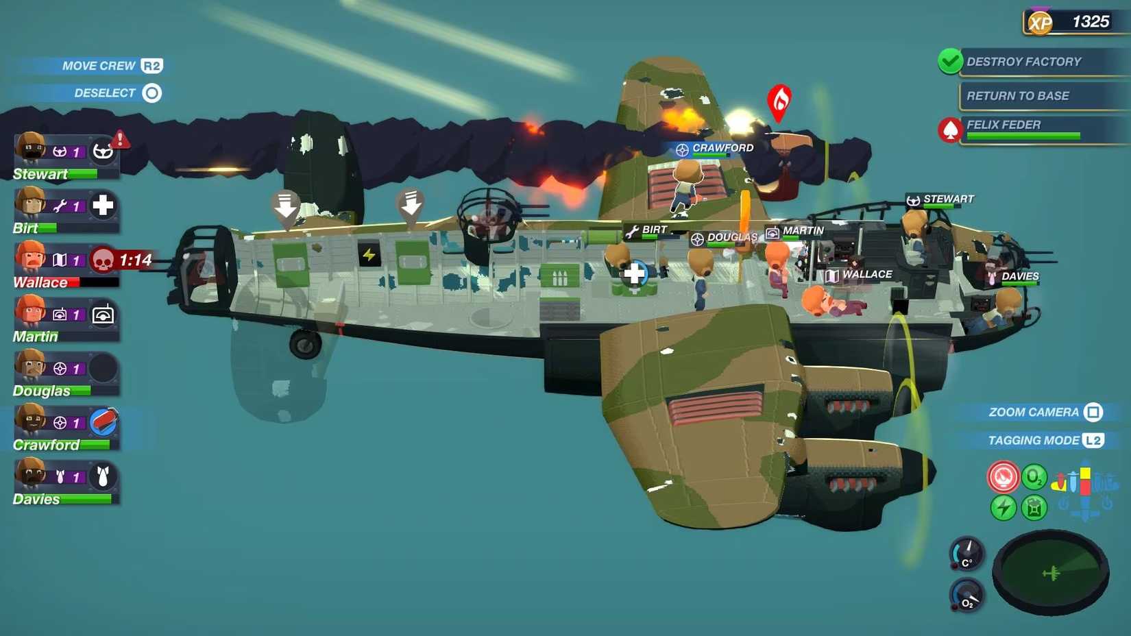An airplane is on fire in Bomber Crew.