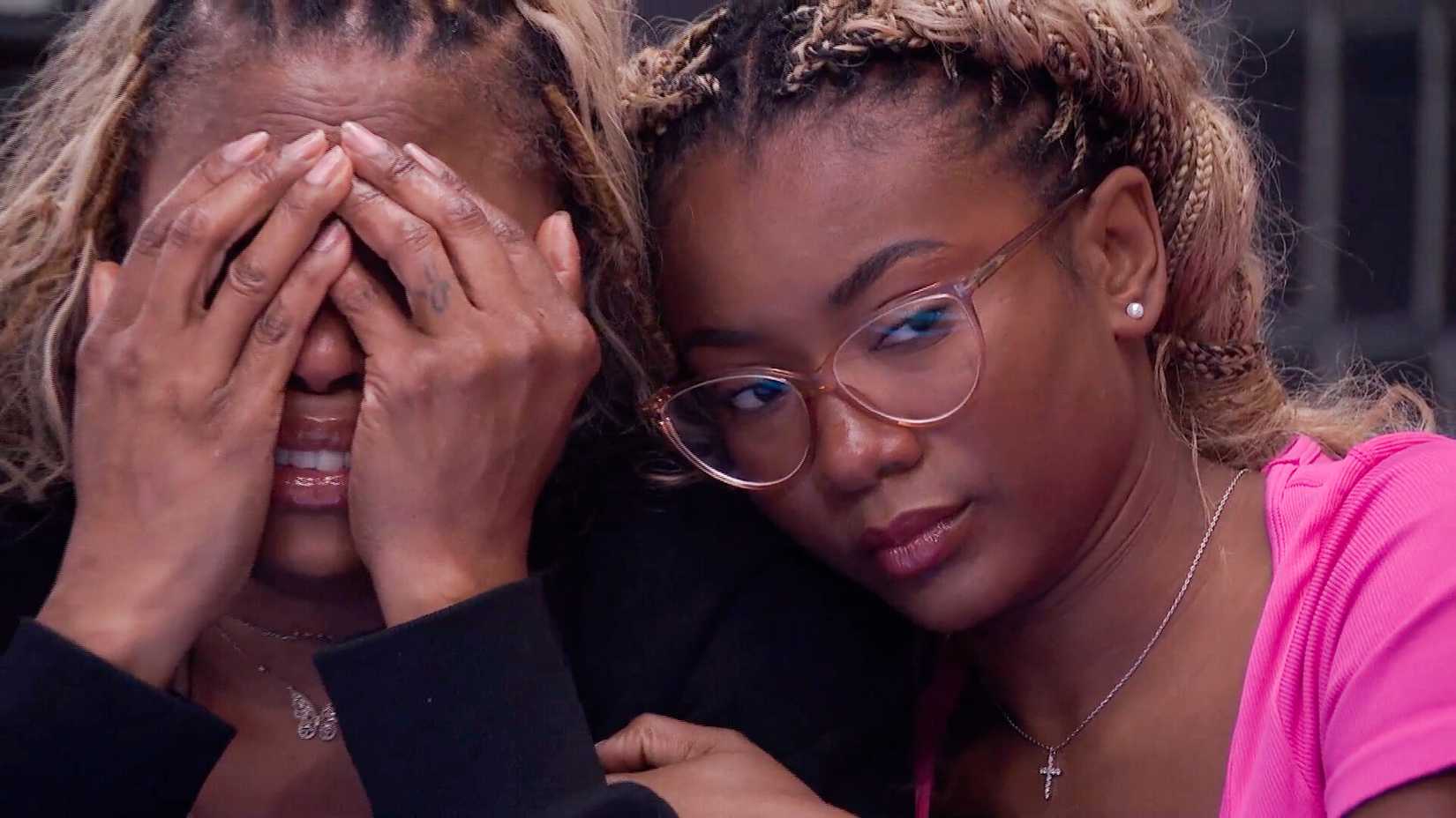 Big Brother 28's Taylor holding Latrice while she cries after the week 2 nomination ceremony.