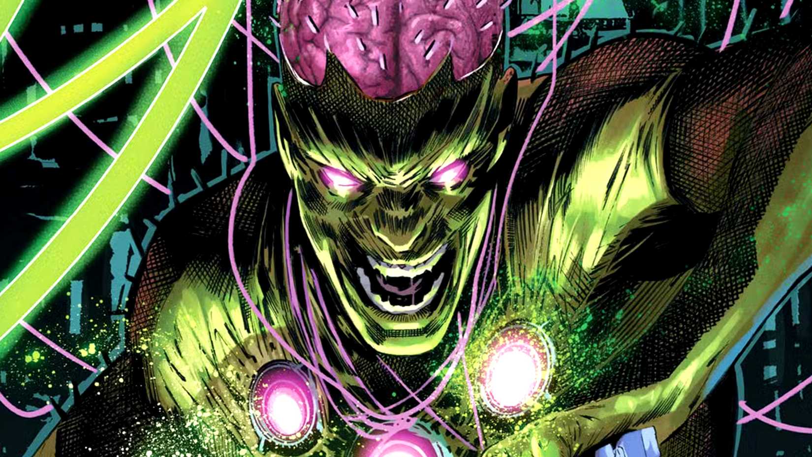 Brainiac laughs while powering up in DC Comics art