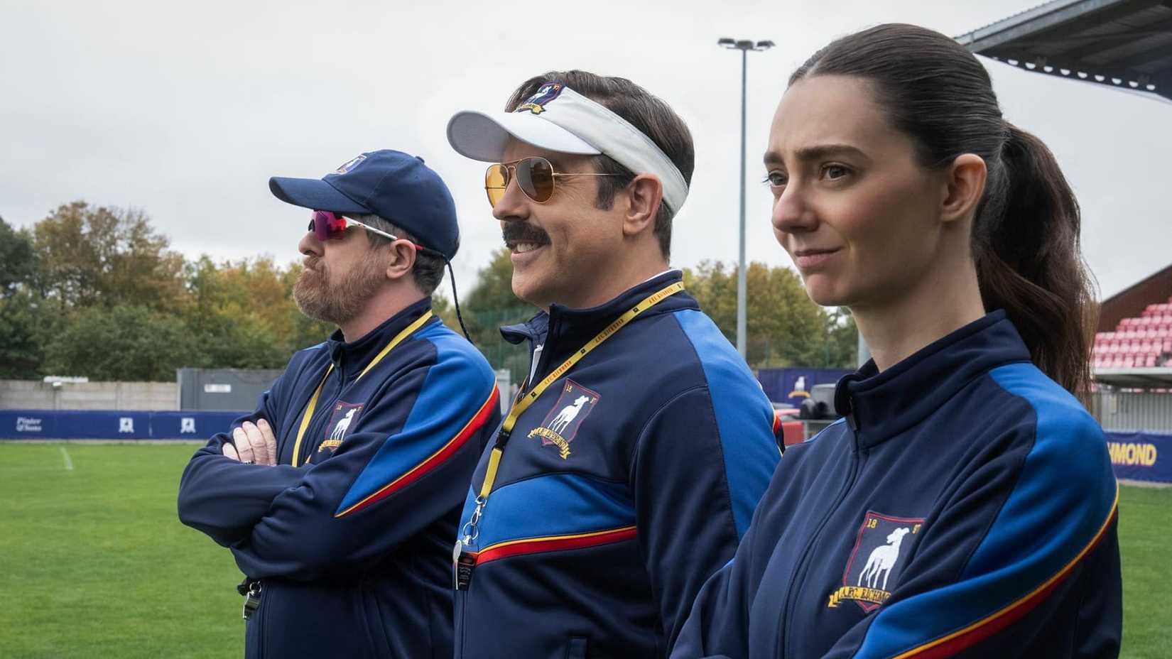 Brendan Hunt, Jason Sudeikis and Tanya Reynolds in Ted Lasso season 4
